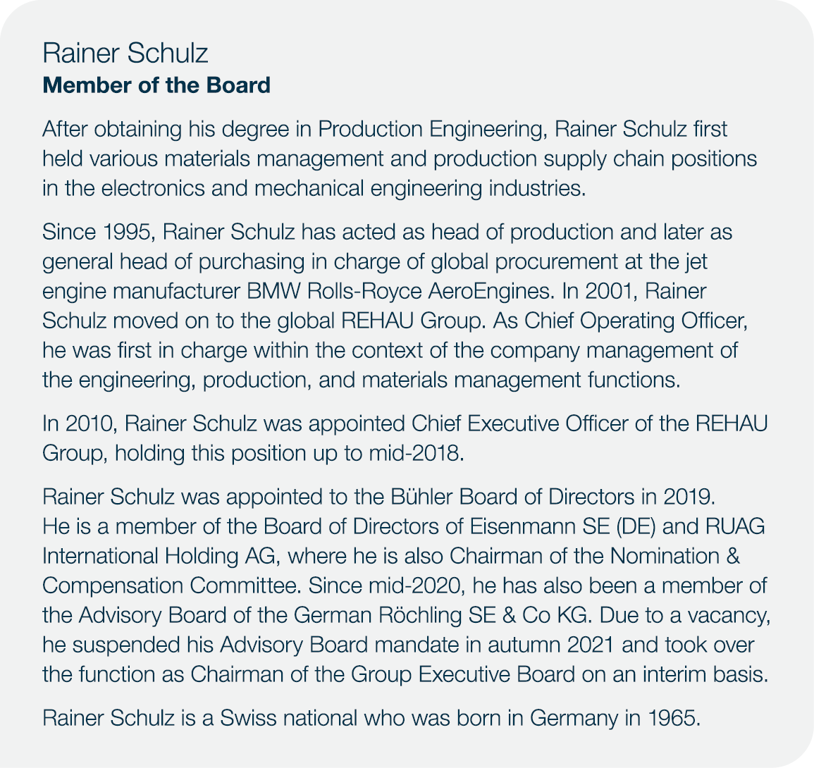 Rainer Schulz Member of the Board After obtaining his degree in Production Engineering, Rainer Schulz first held vari   