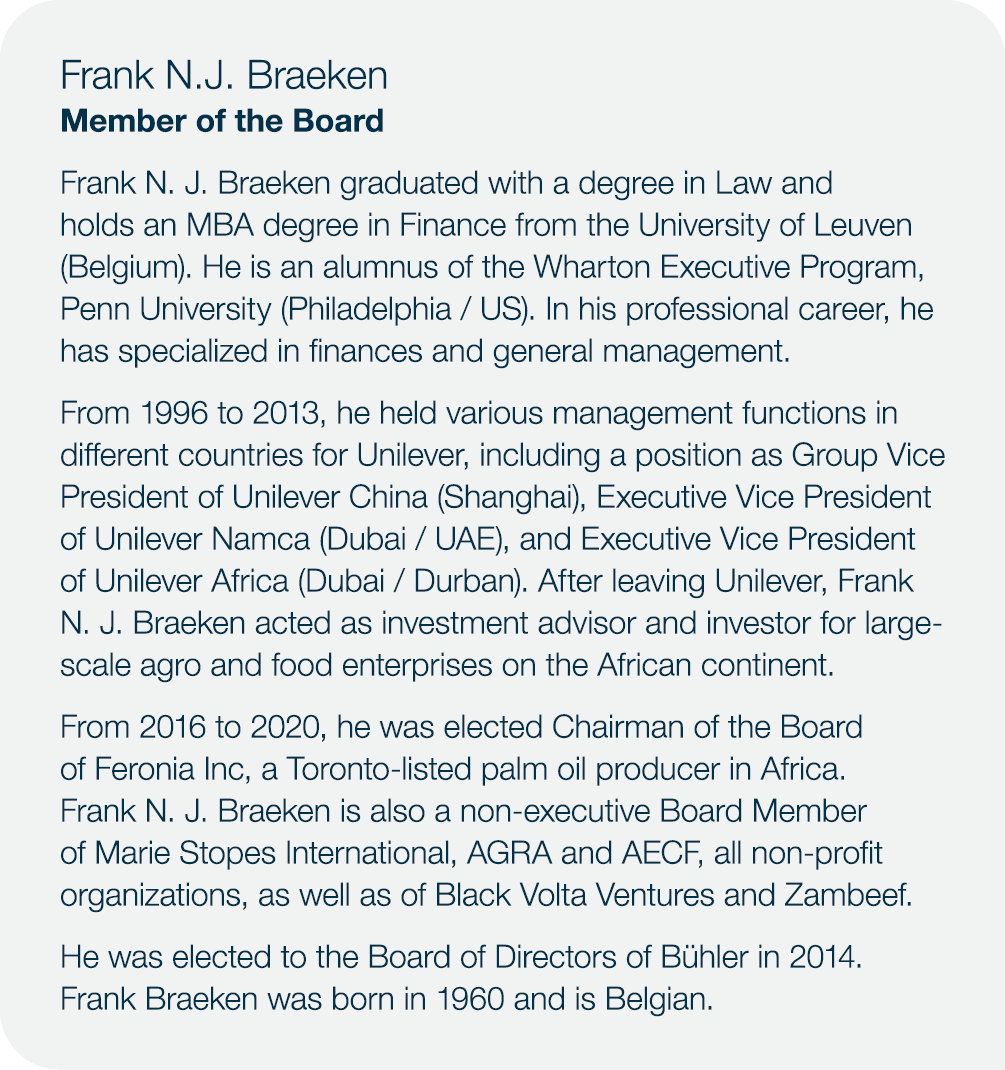 Frank N J  Braeken Member of the Board Frank N  J  Braeken graduated with a degree in Law and holds an MBA degree in    