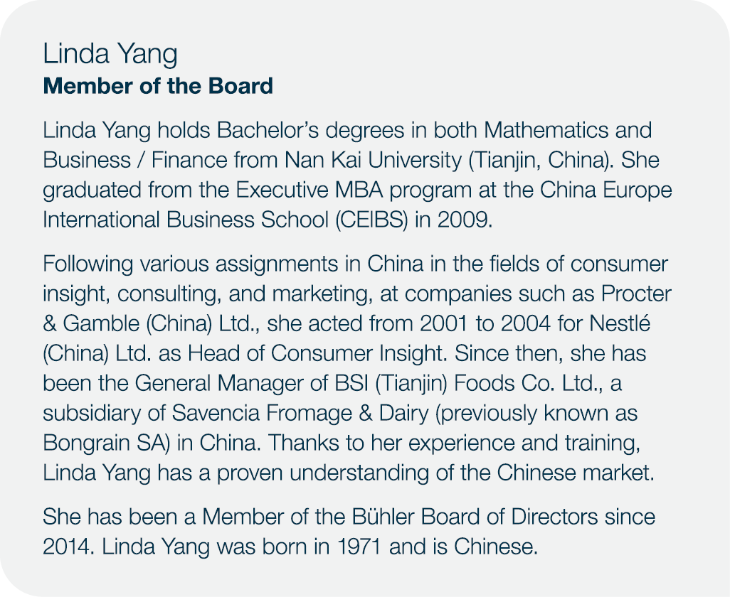 Linda Yang Member of the Board Linda Yang holds Bachelor s degrees in both Mathematics and Business   Finance from Na   