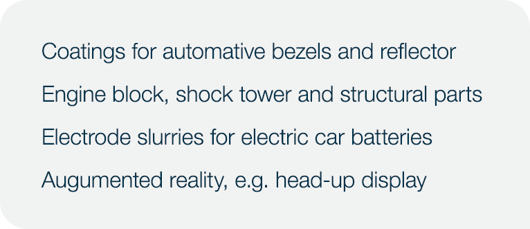 Coatings for automative bezels and reflector Engine block, shock tower and structural parts Electrode slurries for el   