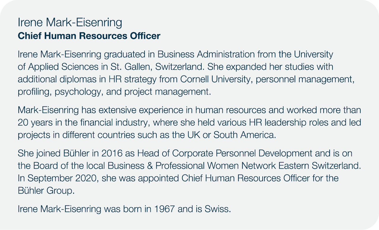 Irene Mark-Eisenring Chief Human Resources Officer Irene Mark-Eisenring graduated in Business Administration from the   