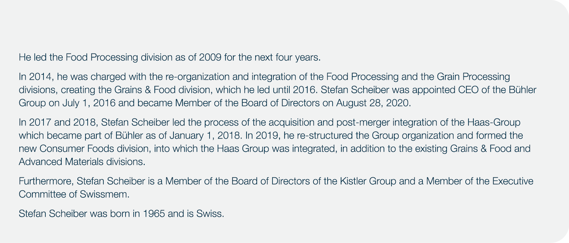  He led the Food Processing division as of 2009 for the next four years  In 2014, he was charged with the re-organiza   