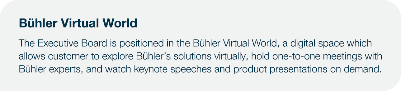 Bühler Virtual World The Executive Board is positioned in the Bühler Virtual World, a digital space which allows cust   