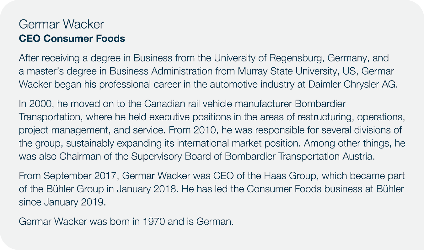 Germar Wacker CEO Consumer Foods After receiving a degree in Business from the University of Regensburg, Germany, and   